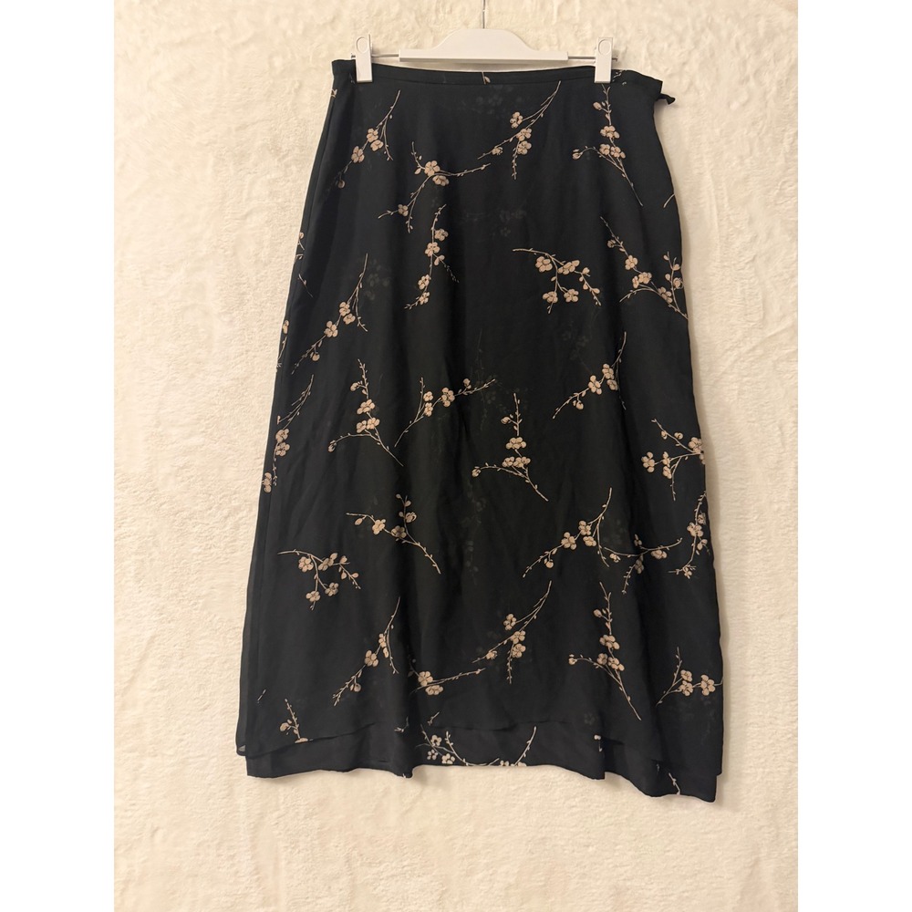 Susan Bristol Silk Maxi Skirt Women 14 Black Floral Cherry Blossom Chiffon Lined